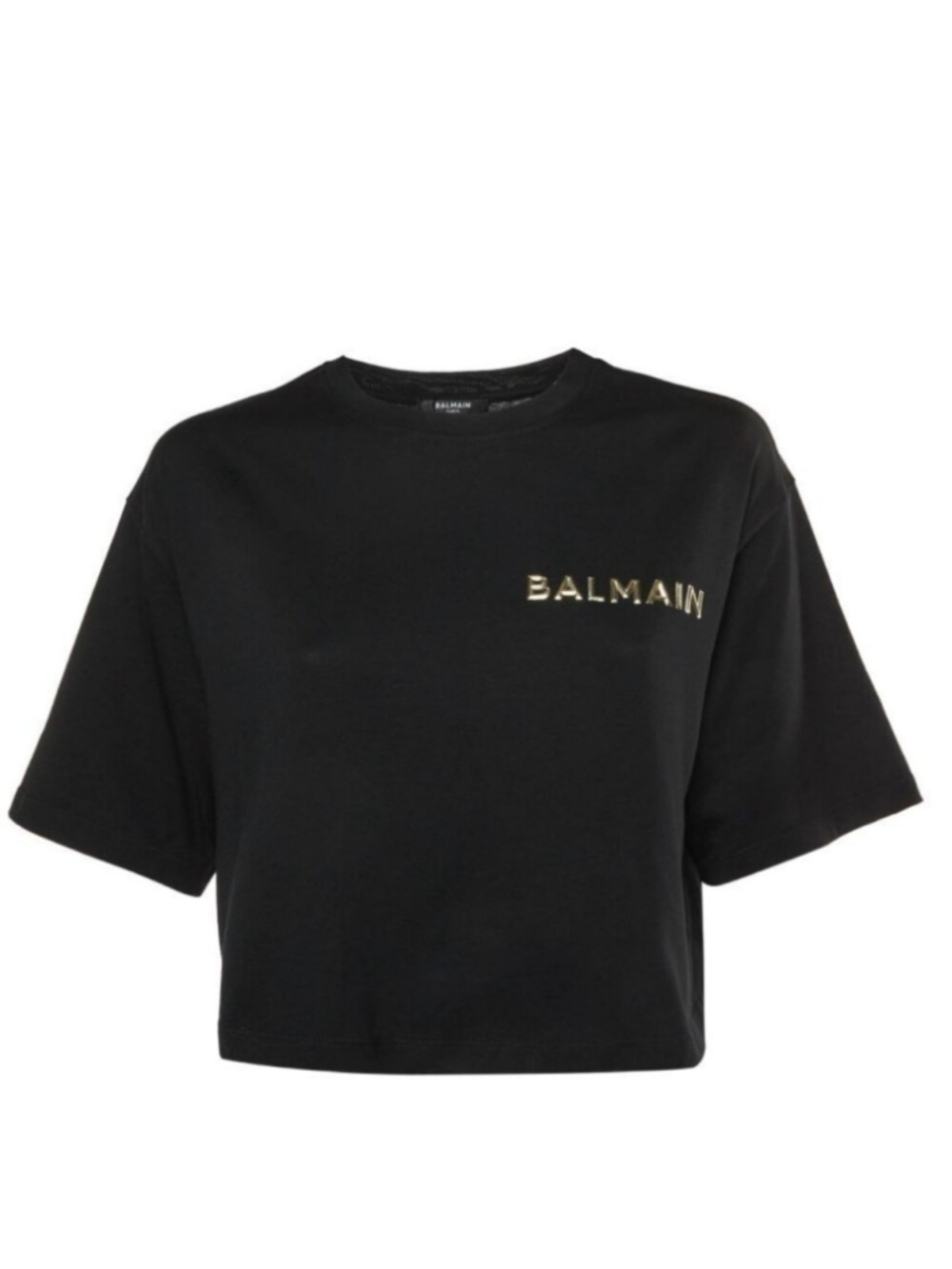 $495 BALMAIN Laminated Logo Cotton Crop T-Shirt Large